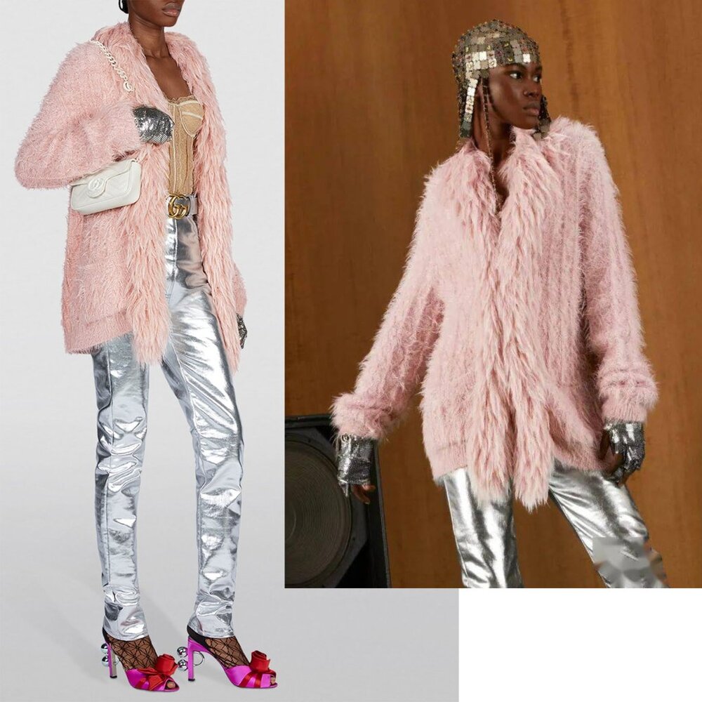 GUCCI SWEATER FUR EFFECT STITCH ROSE WOOL CARDIGAN w G LOGO sz L / LARGE
